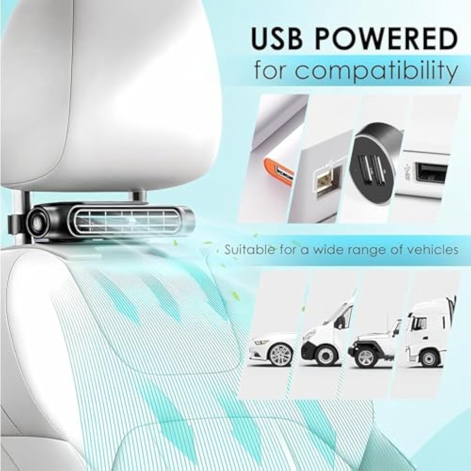 Car Seat Fan USB Plug-in Dual Turbo High Wind Power